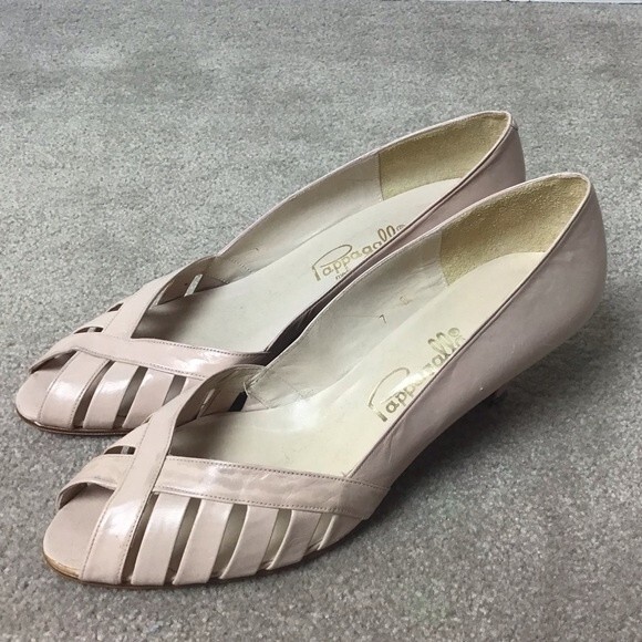 Pappagallo Leather Open Toe Heels Spain Pale Pink Size 7 Vintage - Picture 4 of 12